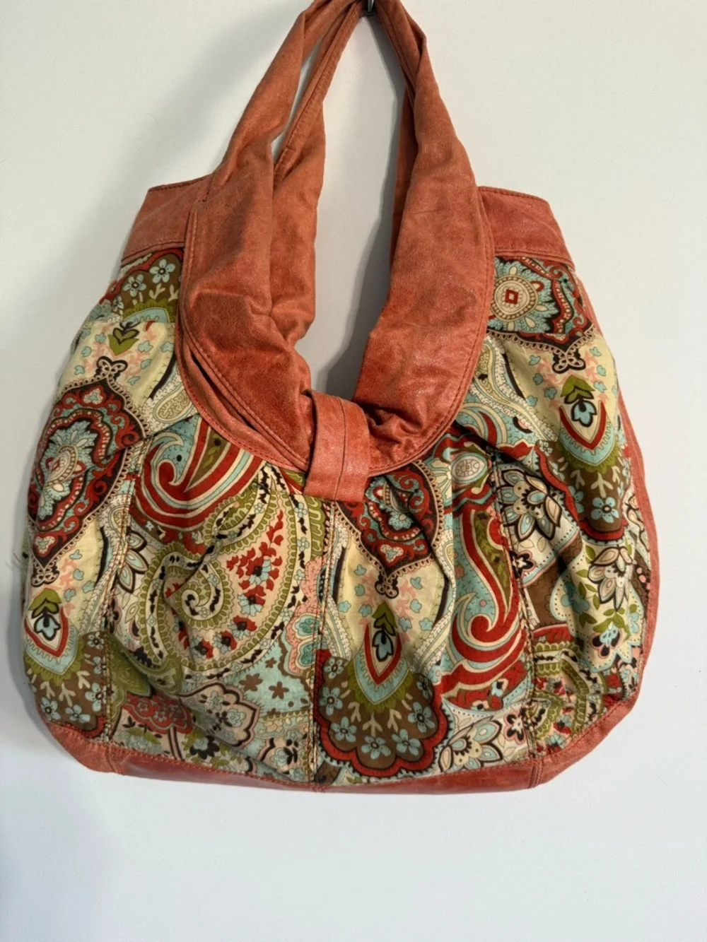 Ebisu Boho Paisley Print Hobo Bag with Large Bow Accent Orange Coral
